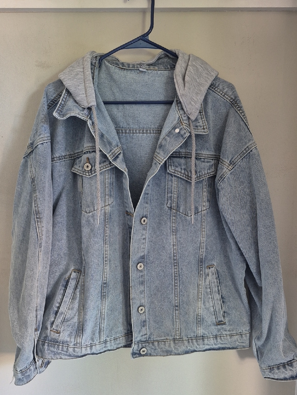Women's Light Blue Denim Jacket with Attached Grey Hoodie